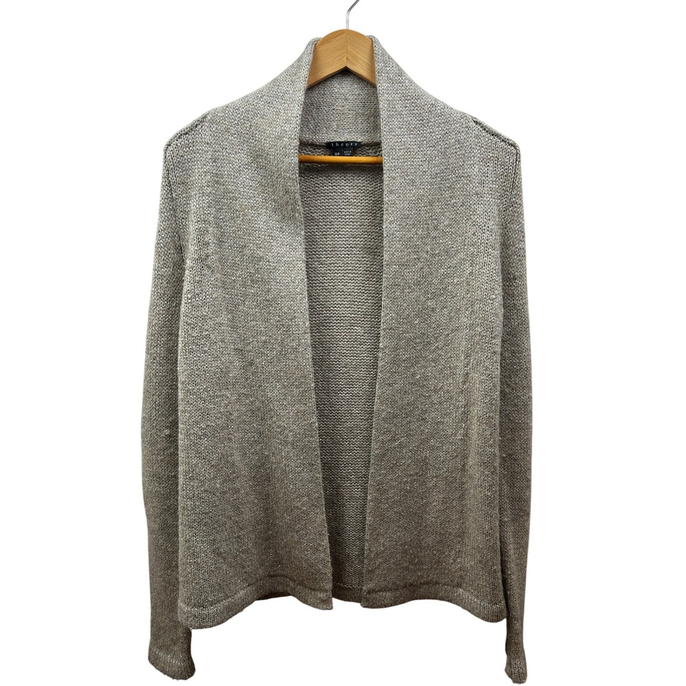 Theory Open Cardigan Small Beige Shimmer Alpaca Blend Soft Cozy Knit Fall/Winter